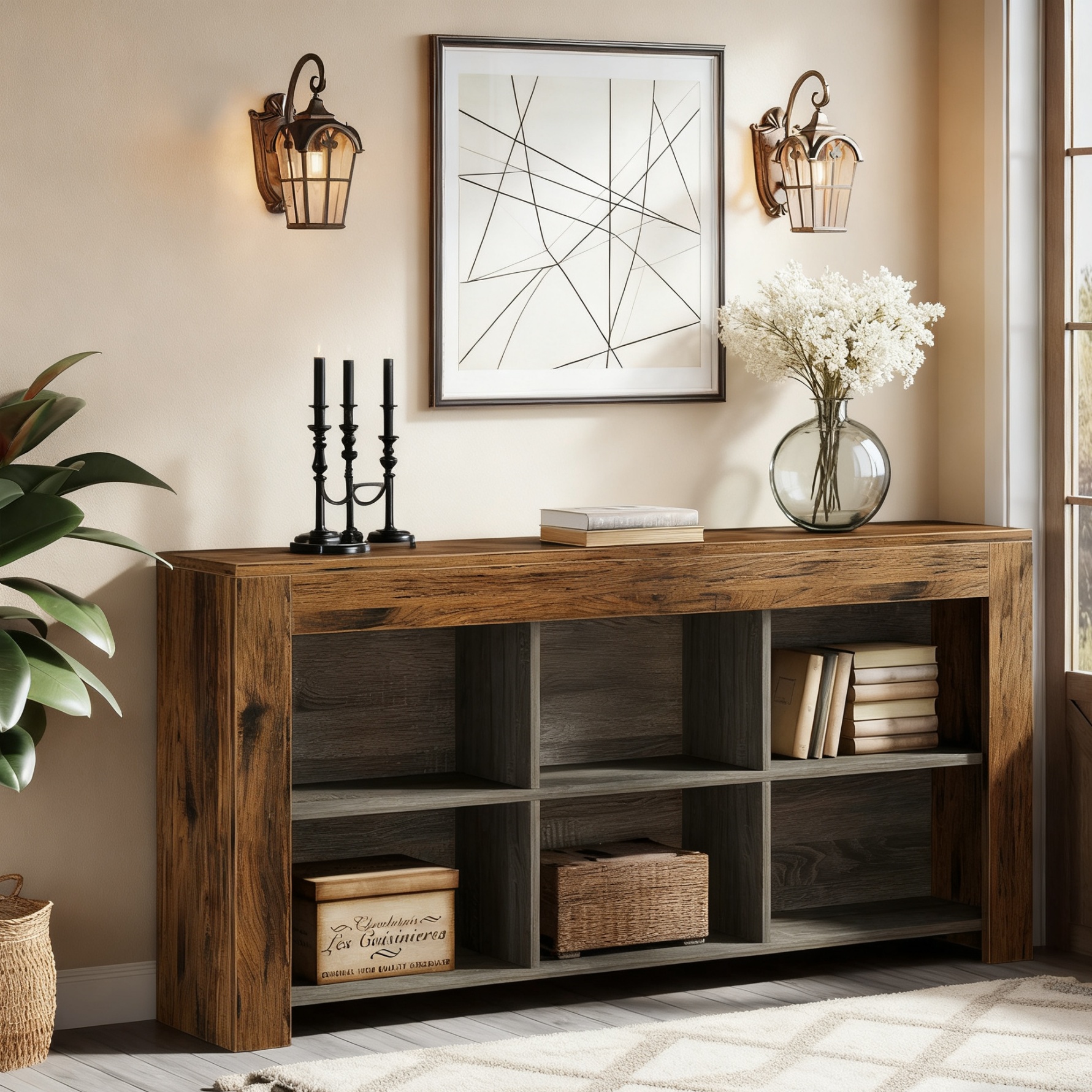 63-inch Narrow Long Console Table With 6-cube Storage Shelves - Rustic Farmhouse Sofa Table With Wood Top & Frame, Assembly Entryway Table For Hallway,, Narrow Spaces (compatible With Rustic)