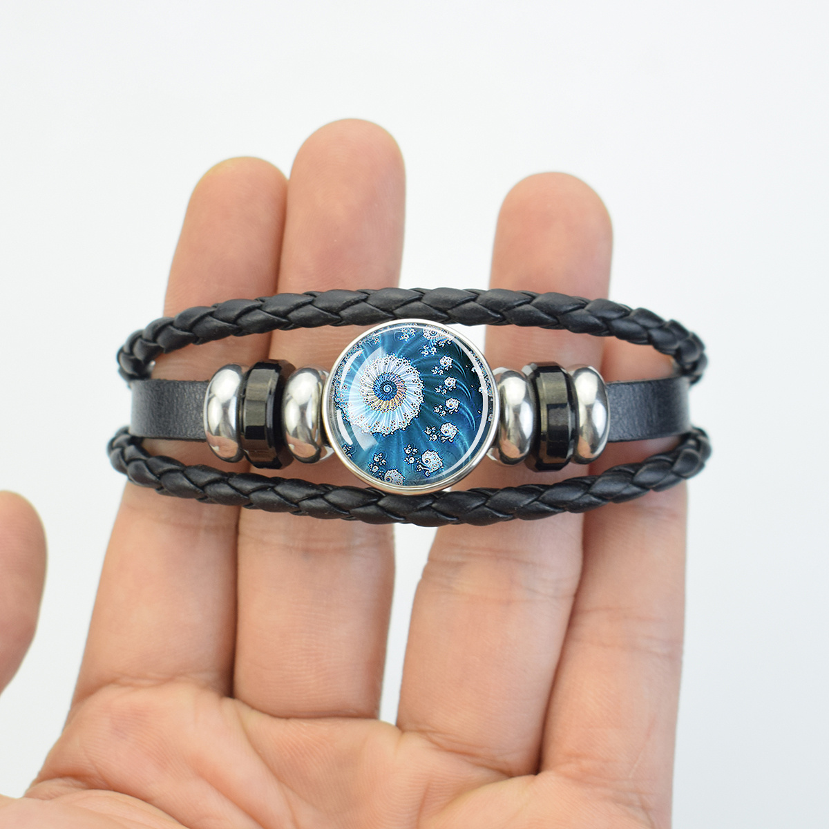 Ocean-Themed Black Braided Bracelet with Marine Animal Patterns