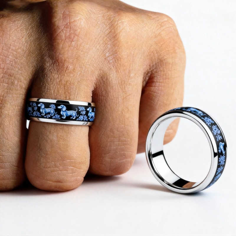 Blue Porcelain Dachshund Pattern Stainless Steel Ring, Floral Design