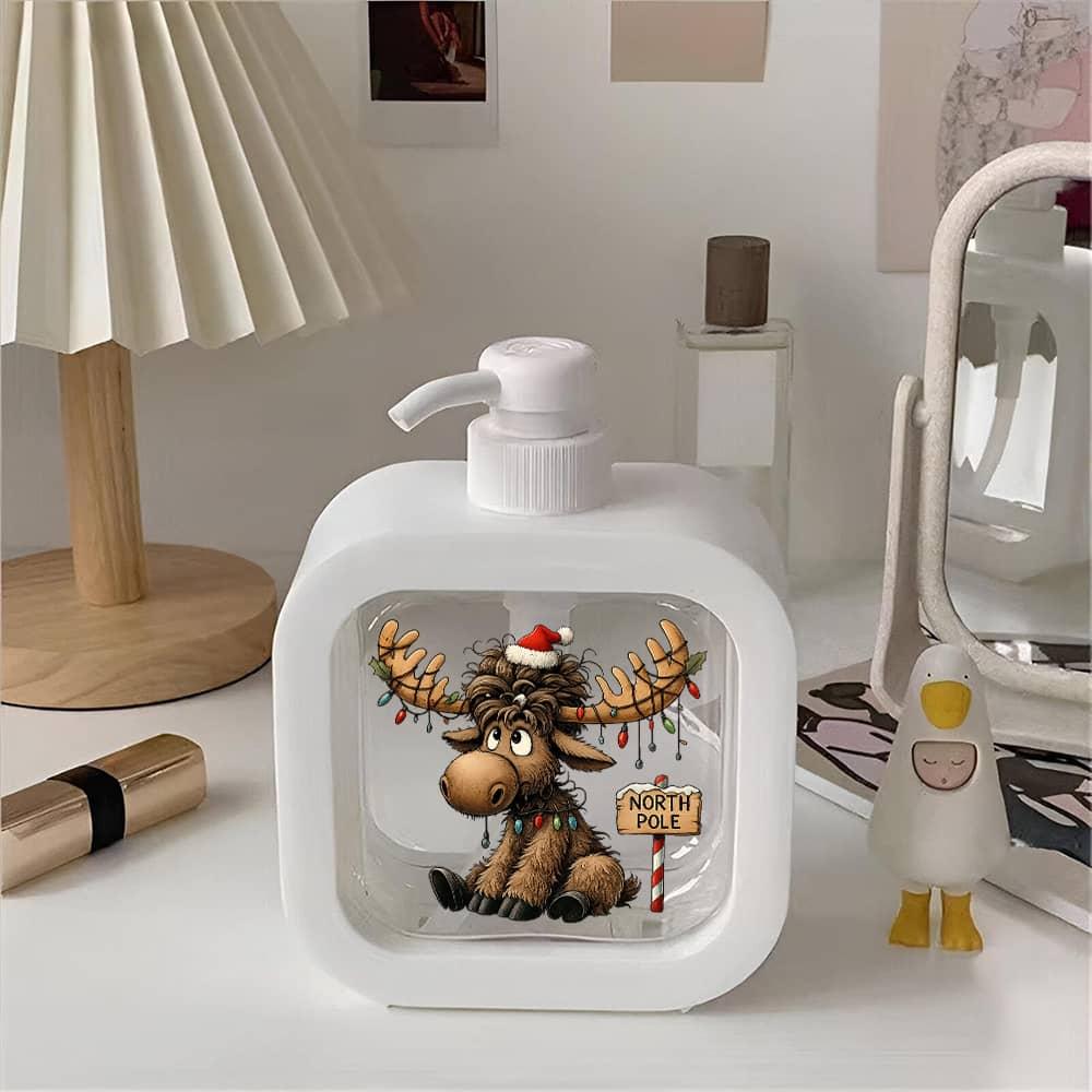 Image of A Hand Soap Pump Bottle With A Christmas Theme, Showcasing A Cartoon Hat Design. This Adorable Soap Dispenser Is Perfect For Your Sink And Bathroom, 's Portable