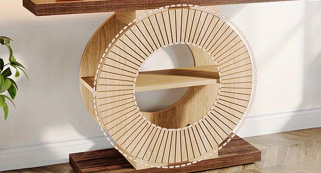 Table with Storage - 3-Shelf Particle Board Console Table with Circular Base, Narrow Table for Living Room Or Hallway, Easy Assembly, Decorative Furniture, Natural End