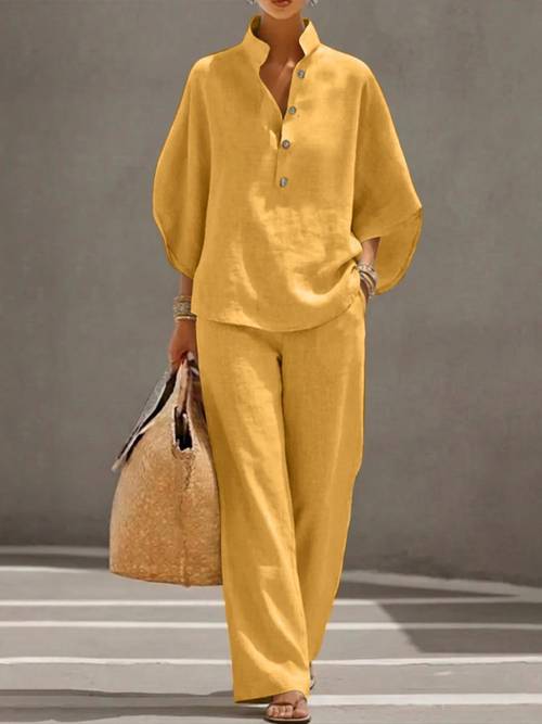 item picture womens 2pcs linen set 3 4 sleeve button up v neck shirt top wide leg pants shirt dress top cover up with elastic waist pants suitable for casual wear spring summer autumn beach vacation outfits