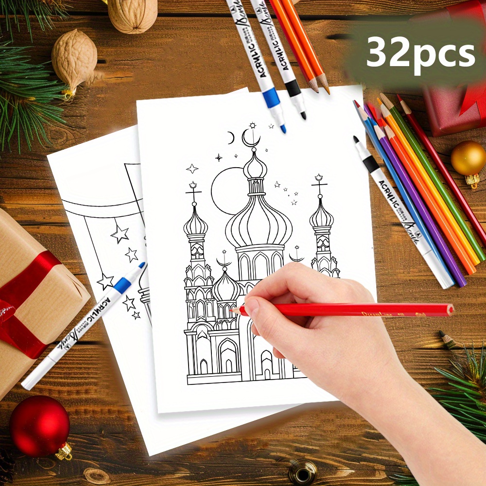 

32 cartes de coloriage Eid Doodle, 32 différents, cartes de coloriage DIY, adaptées à l'Eid en peinture , , étoiles, lanternes, activités familiales et de fête.