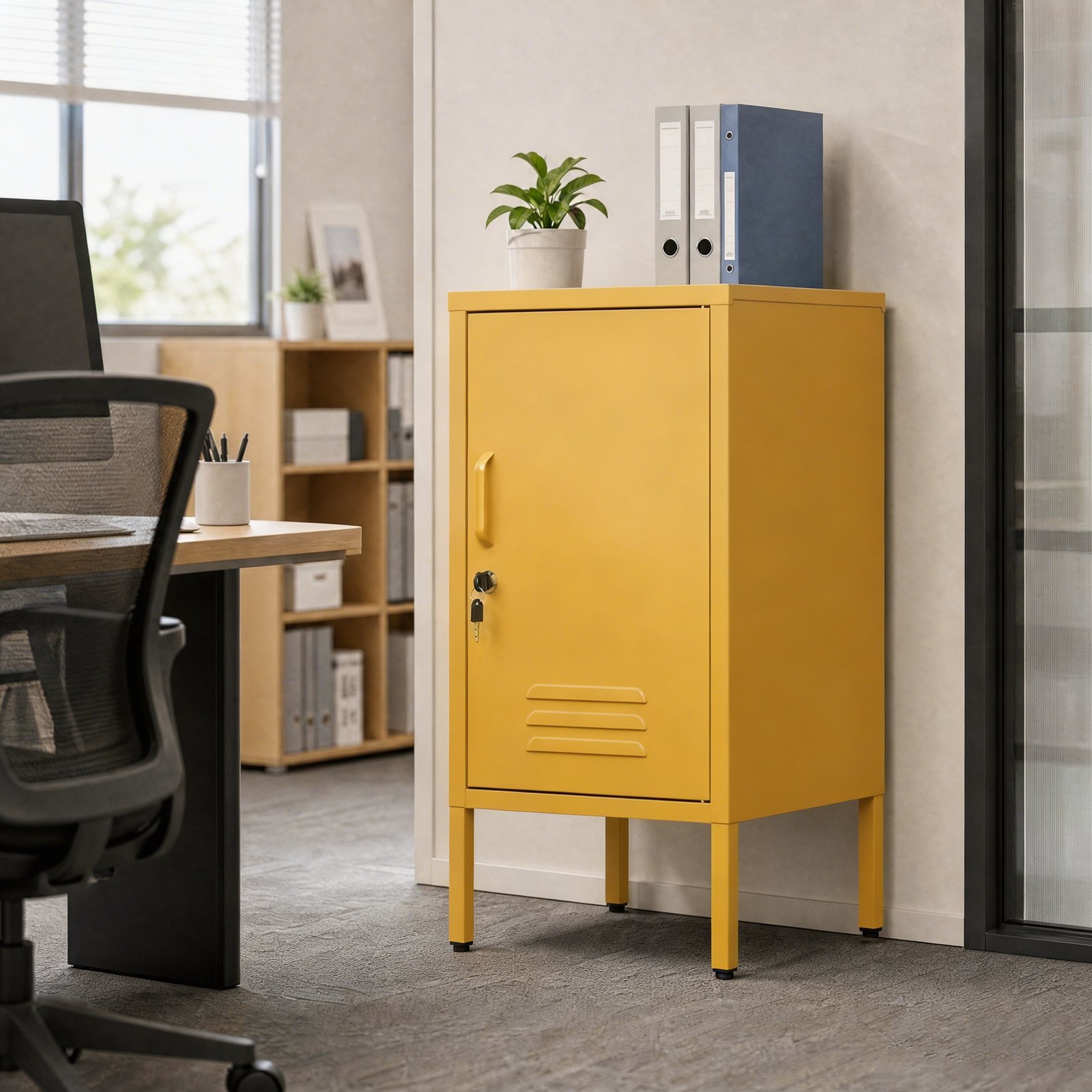 Metal Office Filing Cabinet, Lockable Storage Cabinet with 2 Adjustable Shelves for Documents, Modern Steel Side Table with Lock for Home Office, Bedroom Nightstand, Secure Ventilated Locker