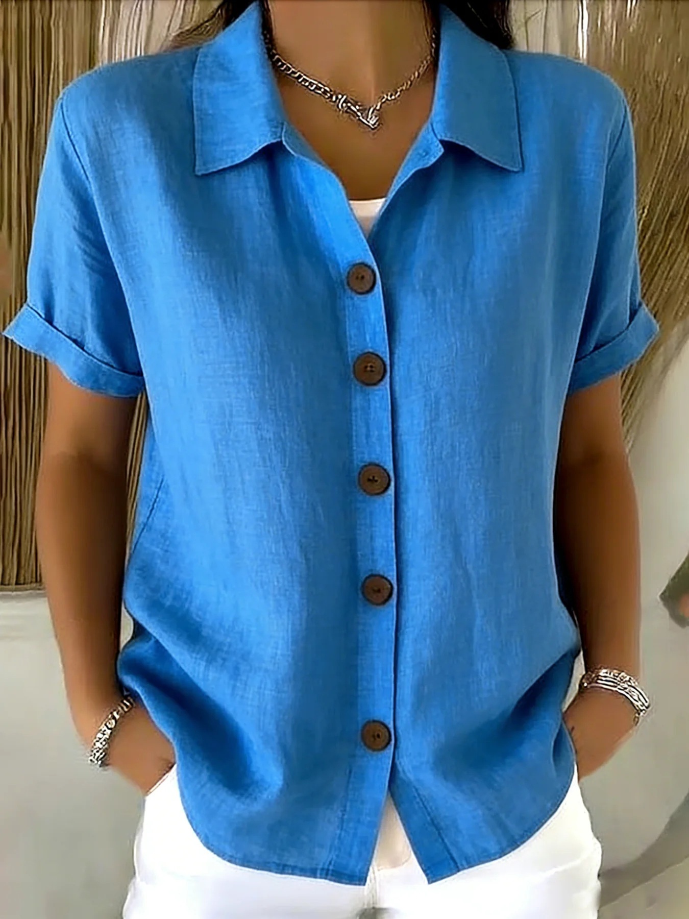 V Neck Collar Blouses - Button up Shirts for Women Short Sleeve Tops - Elegant Outfits Business Casual