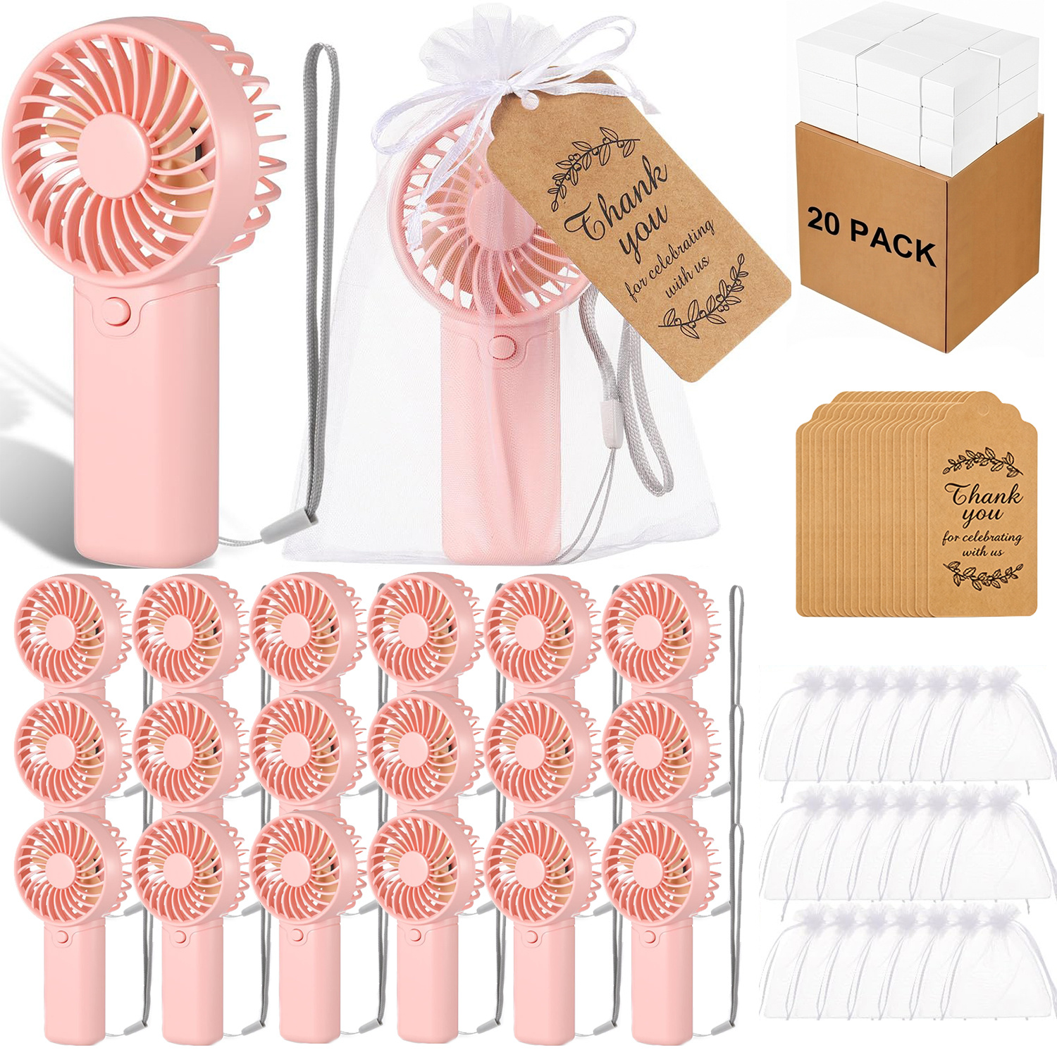 TEMU Gift For Her/him 60pcs/20 Sets Wedding Mini Handheld Fans 20pcs Bulk Portable Small Fans 20pcs Drawstring Gift Bags And 20pcs Thank You Cards