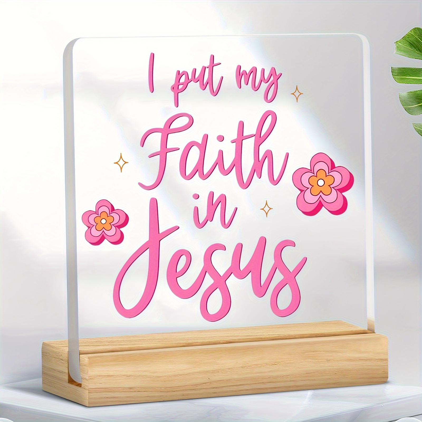 TEMU 2d Flat Surface, 1pc Pink Faith Acrylic Hanging Ornament "i Put In " - Elegant Floral And Christian Home Decor, High-quality Acrylic Desktop