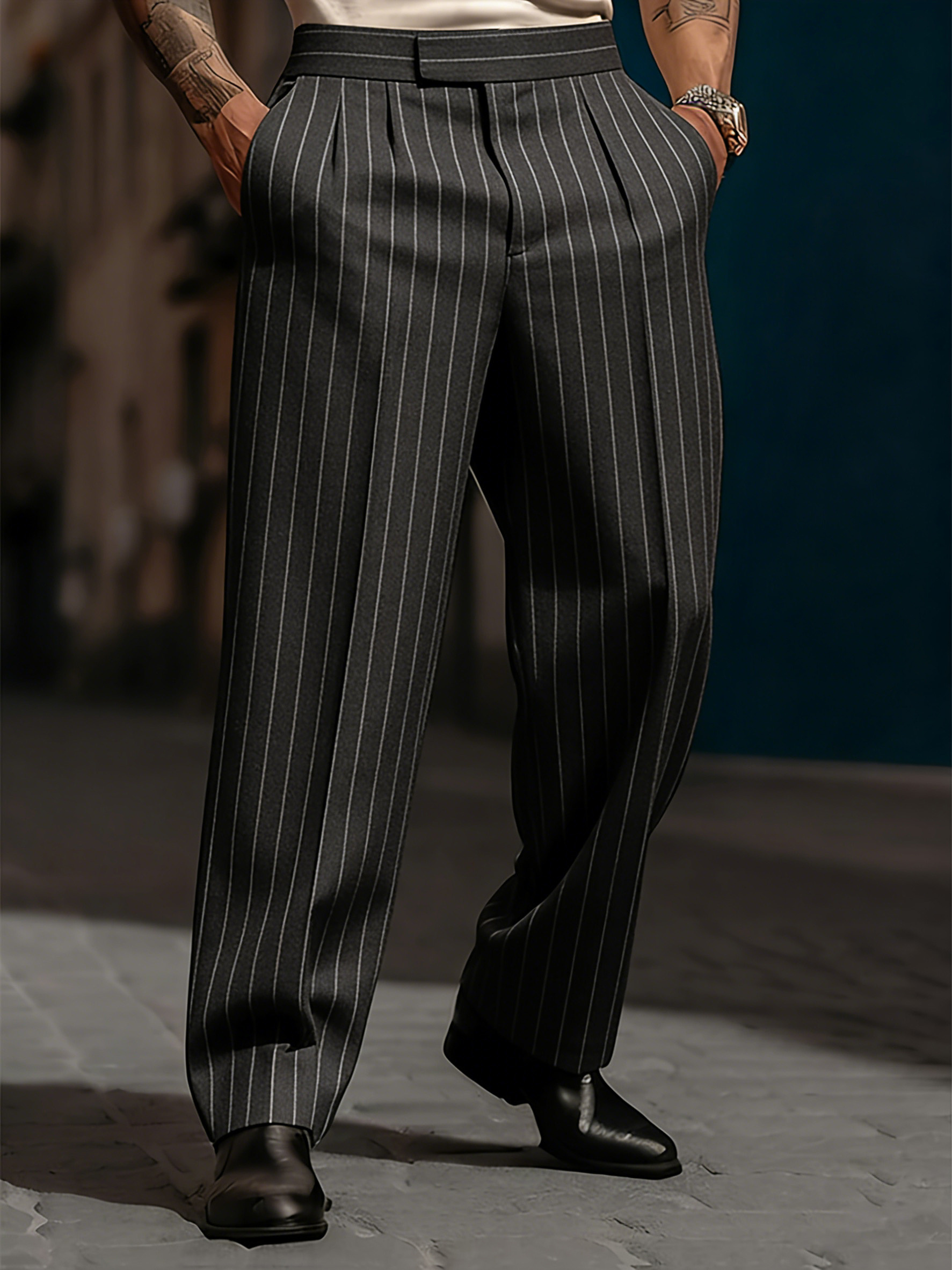 Men'S Black And White Pinstripe Draping Wide Leg Dress Pants, High Waist Loose Pleated Design, Spring Fall Business Commute Casual Party Daily Streetwear Versatile Trousers