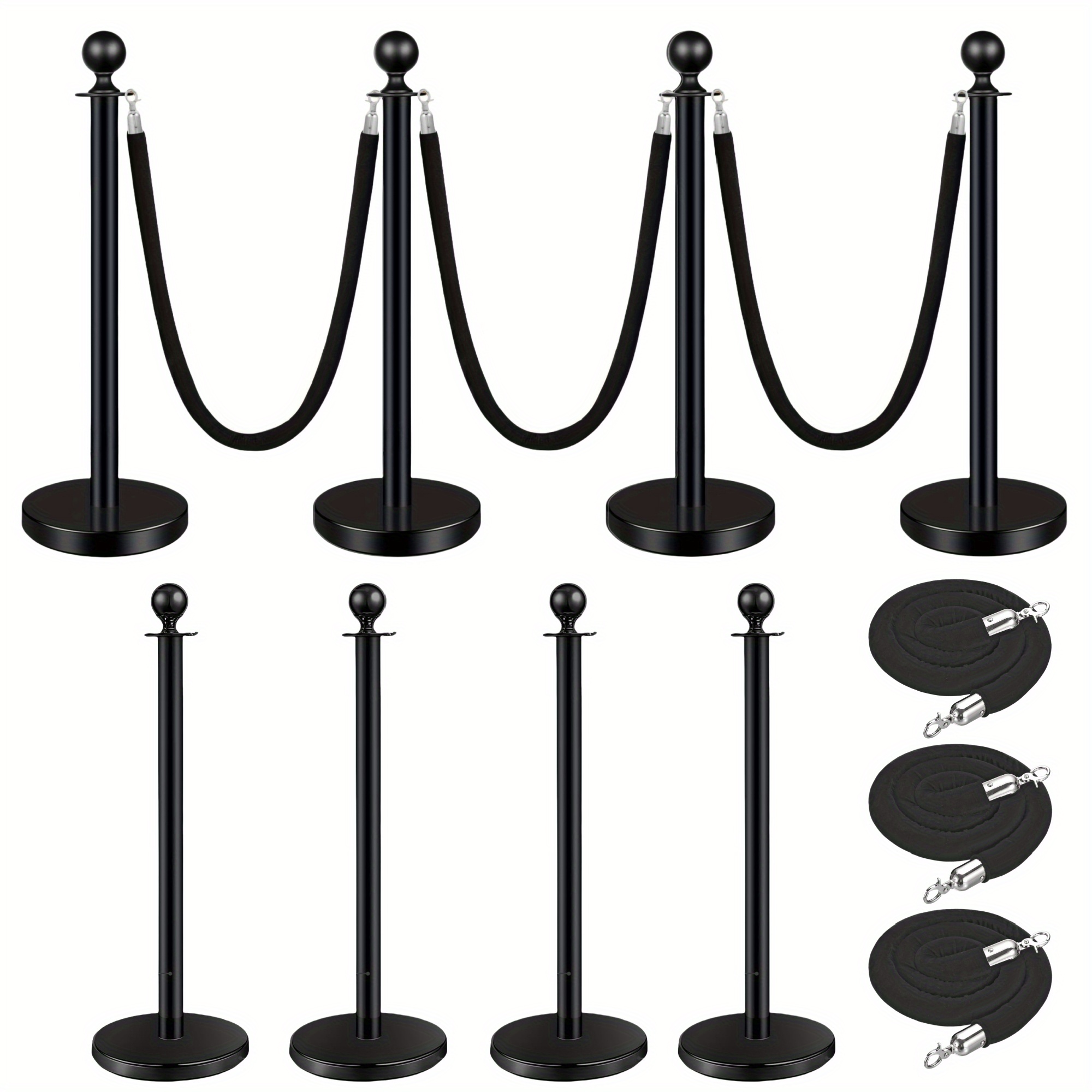 4pcs Stainless Steel Post Queue With 3 Black Velvet Ropes, Red Carpet Poles And Ropes Set For Theater Hotels Clubs Museums (black)