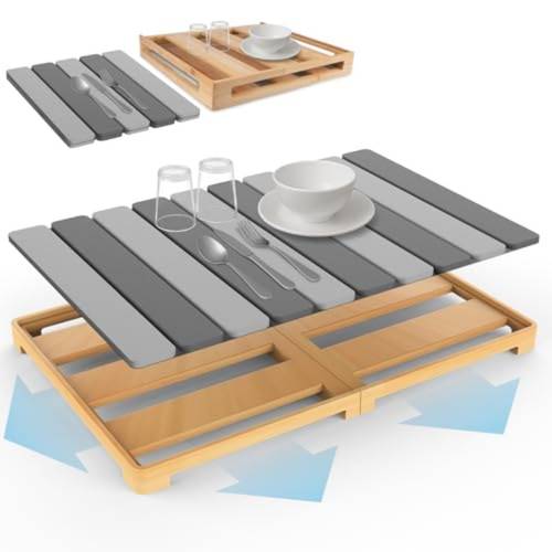 extra large rollable stone drying mat with foldable bamboo dish drying rack for kitchen counter super absorbent diatomaceous earth and quick drying rack 27 x 17 dark and light grey