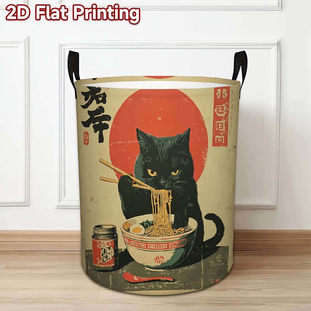 TEMU 1pc Japanese Anime Style Laundry Basket, Black Cat And Ramen Design - Bohemian Circular Storage Basket For Clothes, Travel, Durable Polyester
