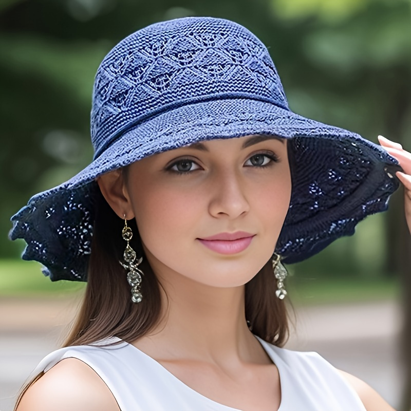TEMU Elegant Women's Breathable Wide-brim Bucket Hat, Durable Foldable Fishing Hat With Intricate Lace Detailing, Lightweight & Lightweight For Beach, Travel, And Outdoor Activities - Blue, Beach Hat