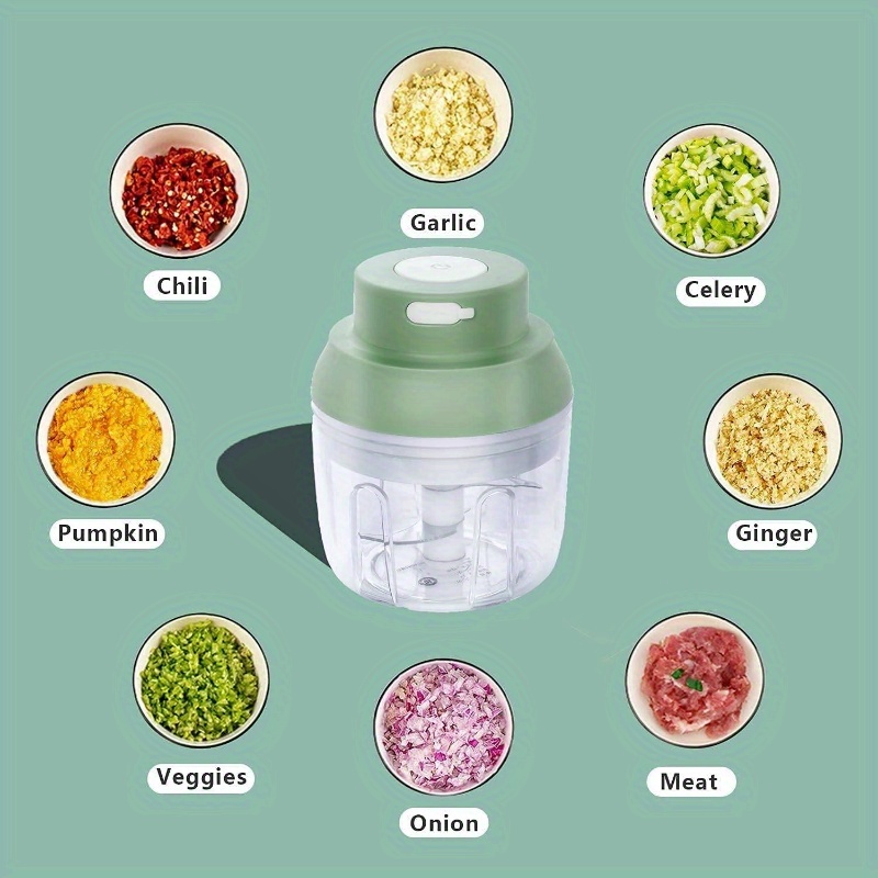 rechargeable garlic chopper with 8.45oz/3.38oz bowl & 2 stainless steel blades - heavy-duty powerful food processor for ginger, onion, chili, garlic herbs, nuts,   foods - waterproof bpa-free,   operation,   with ergonomic handle & safety lock, usb-powered for kitchen & small kitchens, cherry-pit safe, easy- , ideal for  , garlic slicer automatic, mini garlic chopper, garlic double blade slider, garlic   plate, Product details 6