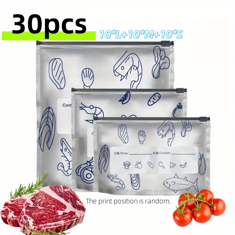 E-shop 30 Stück robuste Aluminiumfolien-Kühlschrankbeutel, wiederverwendbare Küchenorganisation im Kühlschrank, Gefrierschrank, 3 Größen,