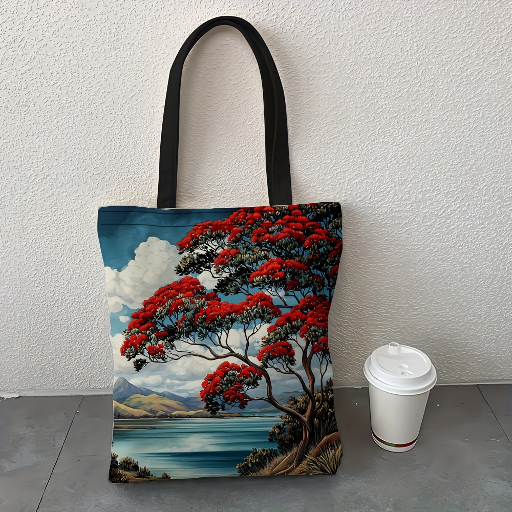 TEMU Large Capacity Tote Bag With A 2d Flat Design - Featuring A New Zealand-inspired Print Of The Tree And Coastal Landscape With Red Flowers, This
