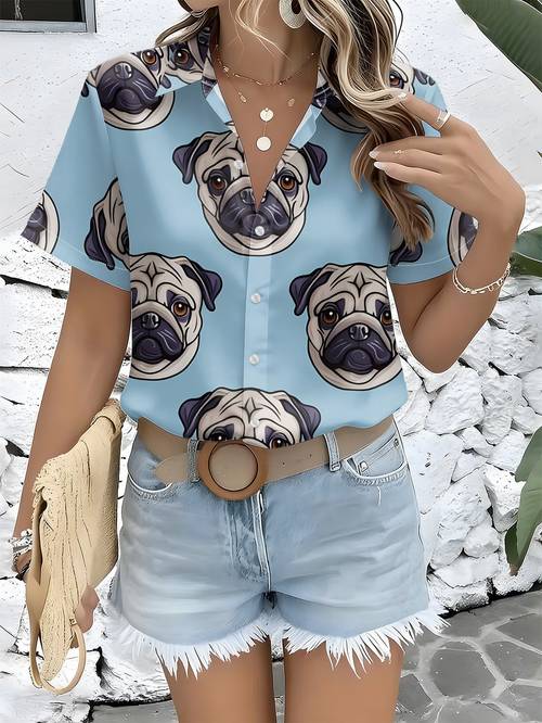 this womens casual short sleeve shirt features with multiple cartoon style pug dog faces its a machine washable top a up shirt