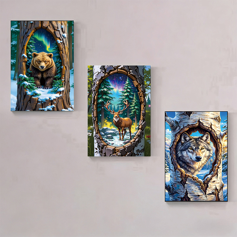 TEMU Hot -set Diamond Painting Kits, Tree Hollow Bear Deer Wolf Aurora Forest Theme Round Full Diamond, Holiday Party Home Wall Decor, Frameless 20cm