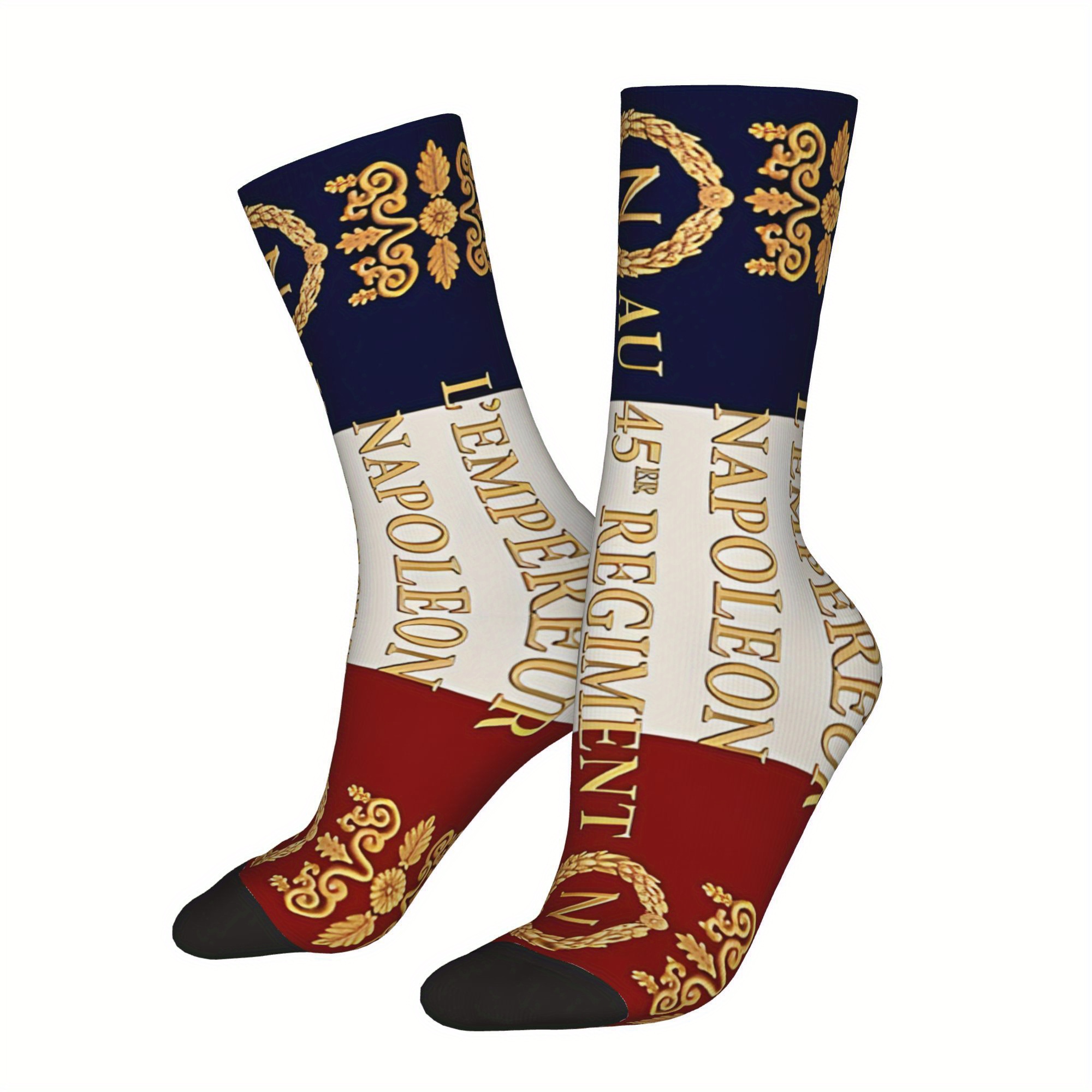 

1 Pair Men's Napoleonic French 45th Flag Socks, Vintage Hip Hop Crew Socks, Polyester & Spandex, Hand Wash Or , Random Print, Knit Fabric,