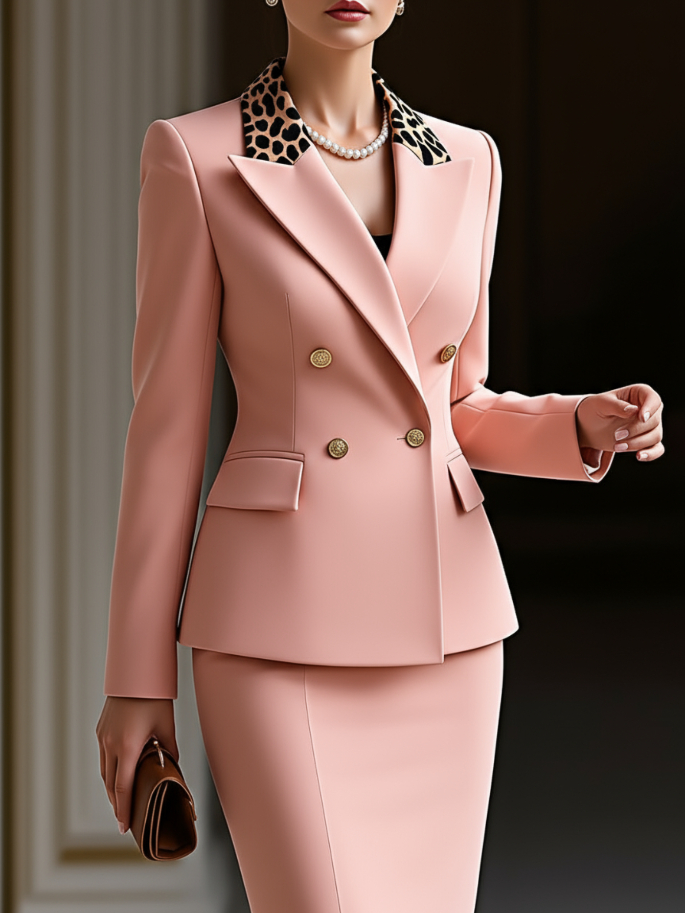 Pink leopard-print collar blazer and pencil skirt set for women