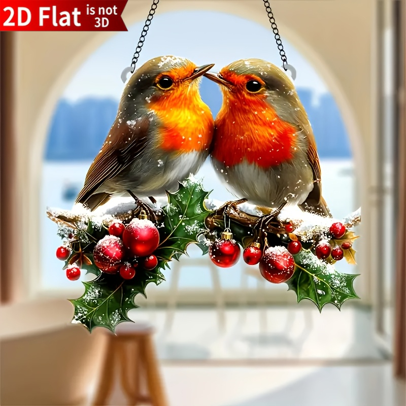 TEMU 2d Flat, 1pc, Rustic Acrylic Kissing Robin Couple Light Catcher, Holiday Window Hanging Decoration, Very Suitable For Living Room, Porch,