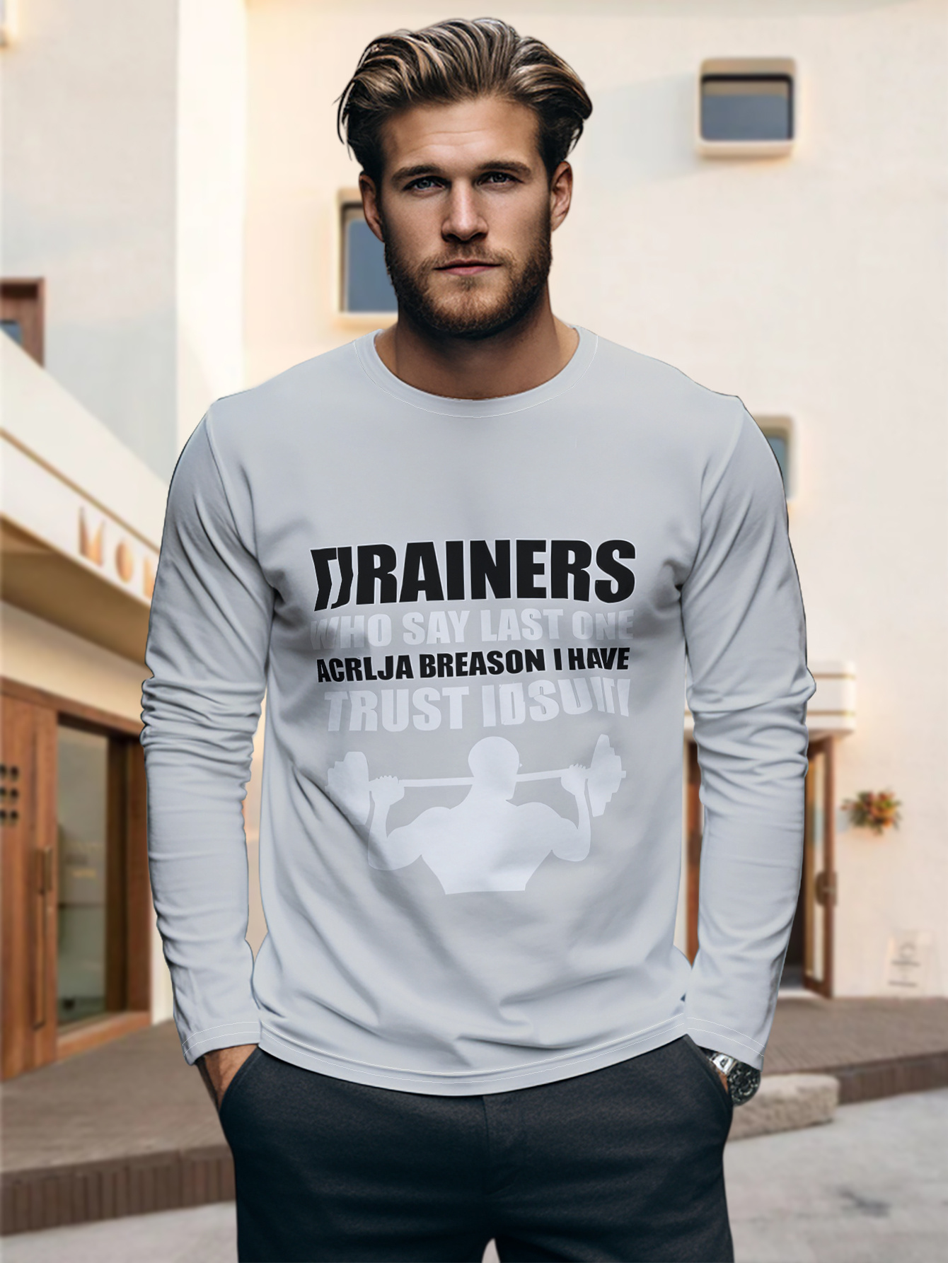 Nieuw Casual Heren T-shirt met Lange Mouwen, Fitness Teasing Slogan, Klagen over de Coach's "Last Set" Routine, Geschikt voor Vakantiefeestjes, All-Match, Wasbare Stof, Print T-Shirt