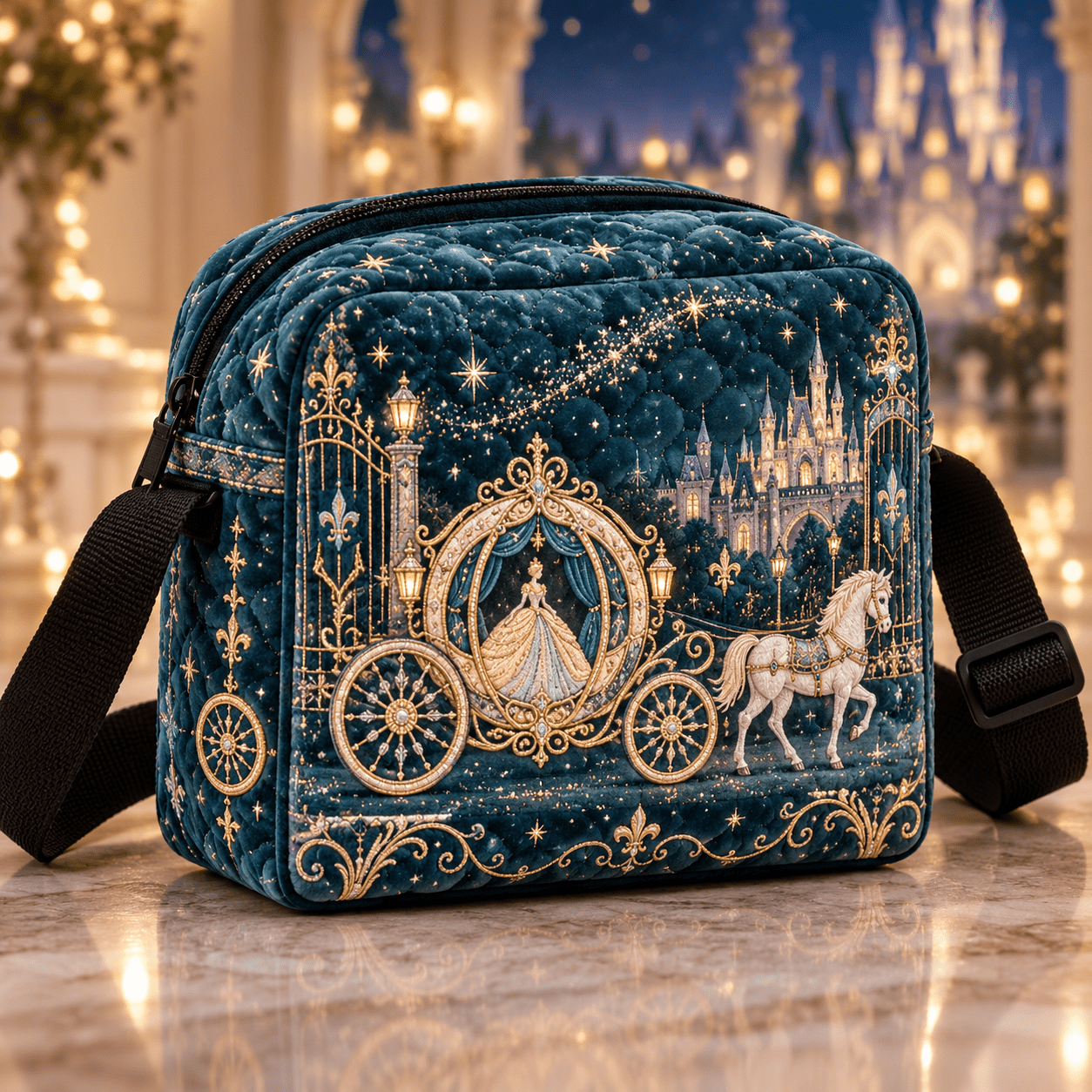 TEMU 1pc Fairytale Castle Carriage Quilted Crossbody Bag Suitable For Women, Quilted Shoulder Purse With Zipper Closure, Machine Washable Bag,