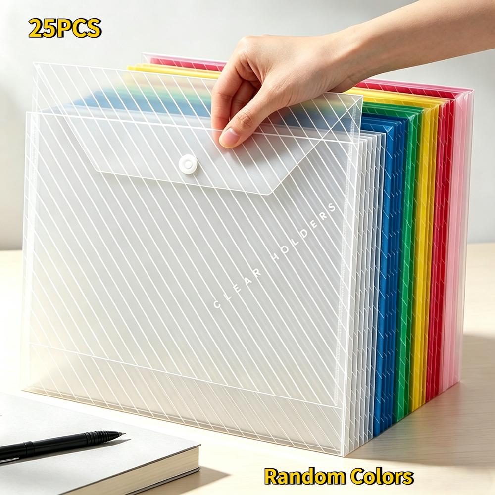 TEMU 25-pack Random Pp Plastic File Folders, Snap Closure Document Envelopes Area, Reusable Paper File Organizer For School & Office Supplies
