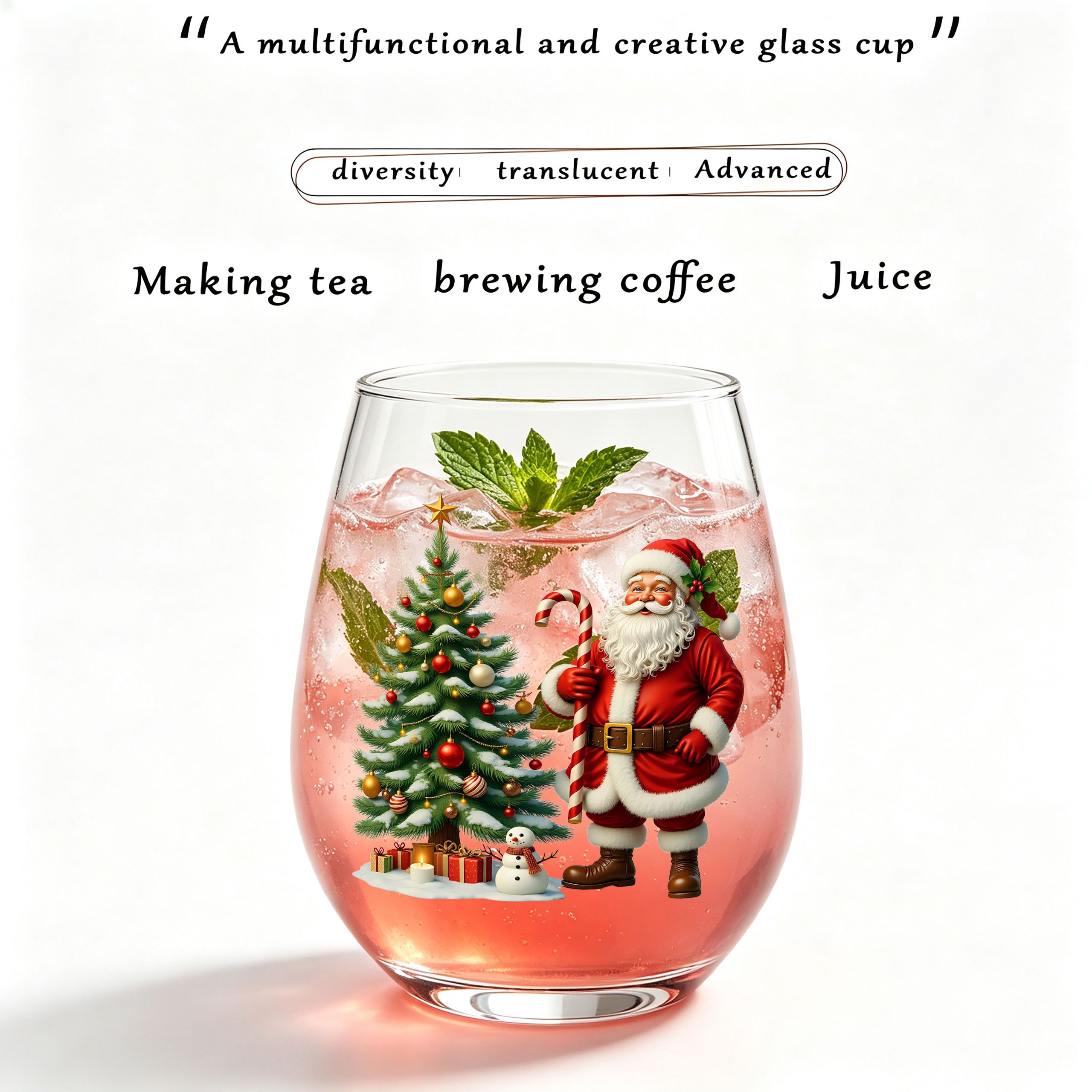 TEMU 1pc Christmas Tree Santa Claus Print, 12oz Elegant Curved Wine Glass, Wine Cup, Glassware, Coffee Cup, Juice Cup, Champagne Glass, Whiskey,