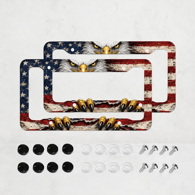 2pcs Aluminum License Plate Frames With Eagle Claw And American Flag Print, Patriotic Car Truck Suv Tag Holder With Screws And Caps