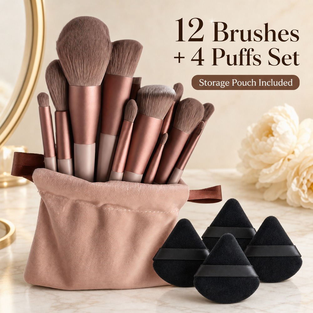 TEMU Set de 16 pinceaux de maquillage professionnels Lady, comprenant 12 pinceaux de maquillage doux + 4 éponges de maquillage. Convient pour le fond