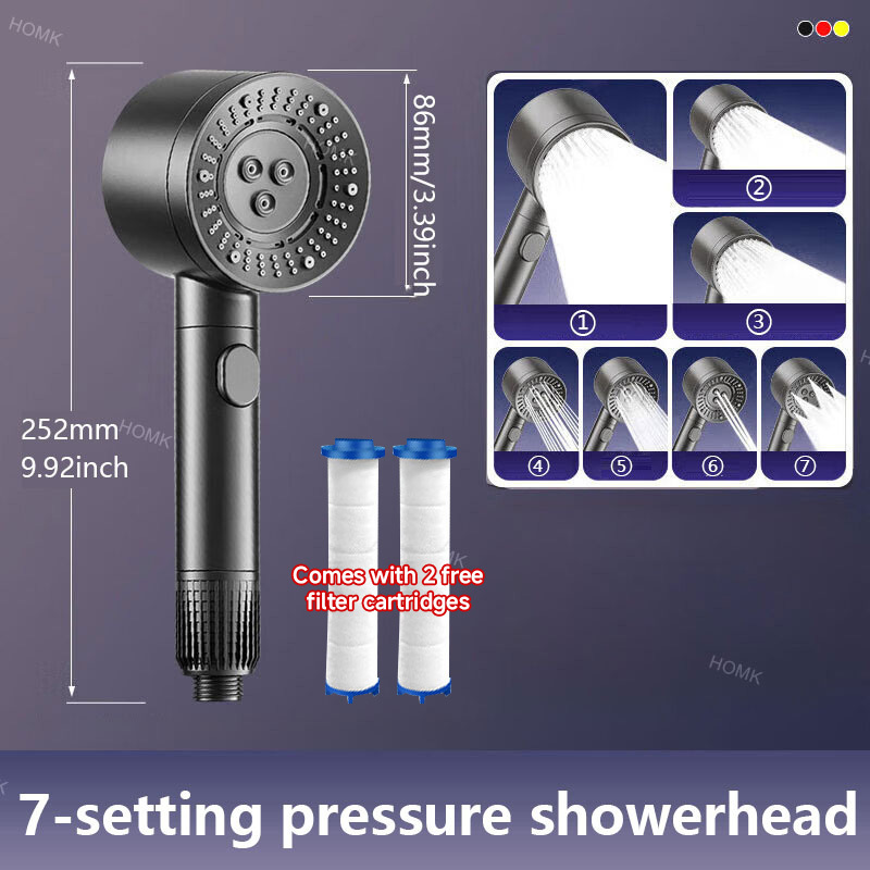 TEMU 7-mode High Pressure Handheld Shower Head, Includes Built--care Filter 2 Extra, Powerful Boost, Large Water Output, Gunmetal Gray/silver - 1set,