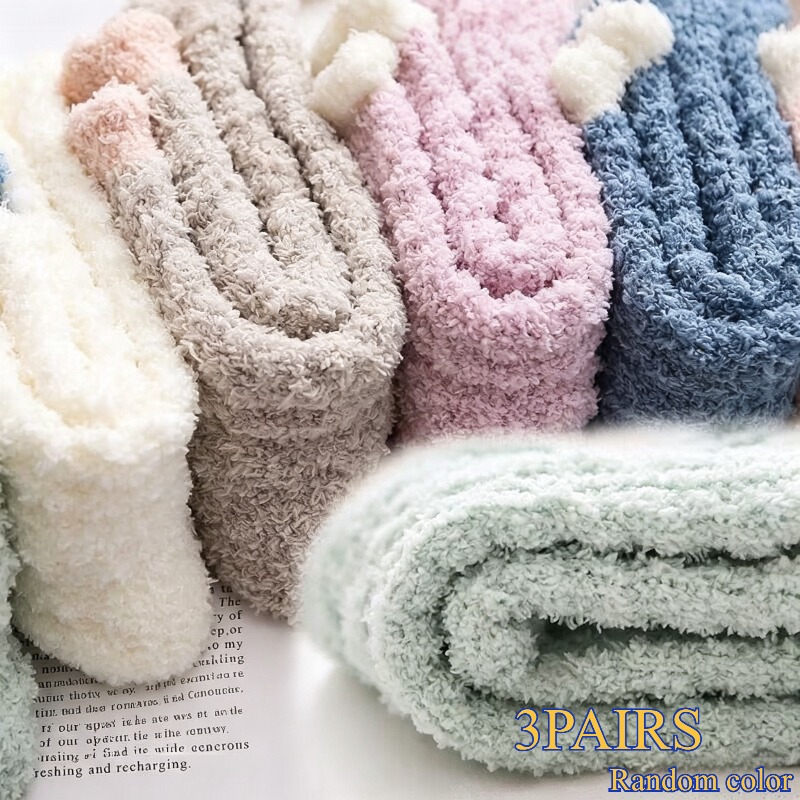 TEMU 3 Pairs Of Socks - , Ribbed Trim, Light Colors, Machine Washable Plush Socks For Indoor And , Soft Texture, , Light-colored Socks, Comfortable