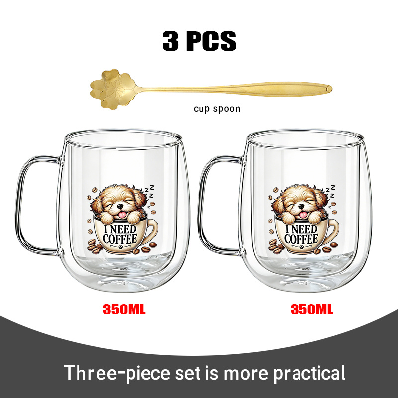 TEMU 3pcs (2 Cups And 1 Spoon) Double-layer Borosilicate Glass Mug With Design Pattern, Suitable For Coffee, Tea, And Dairy Beverages. Suitable For