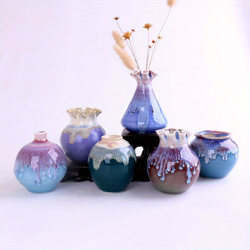TEMU Mini Ceramic Vase Set - Handmade Kiln-change Glaze Flowerpot For Home Decor, Water Propagation Plant Pots With Boho Style