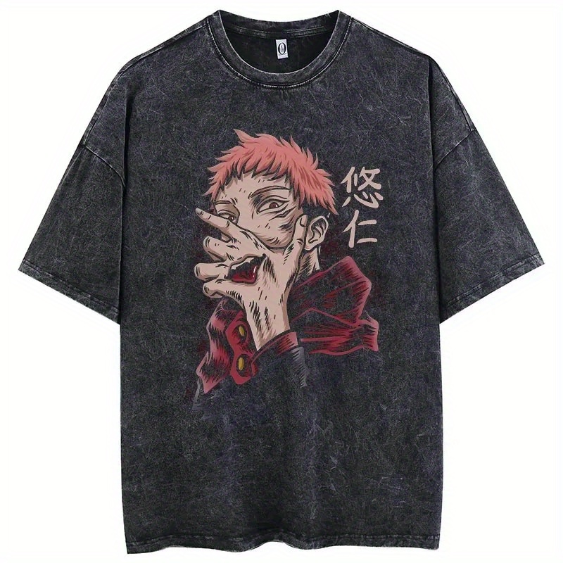 

Vintage-inspired Graphic Tee - Oversized, Acid-washed Cotton With Anime Print, Casual Round Neck T-shirt For Men And Women, Machine Washable