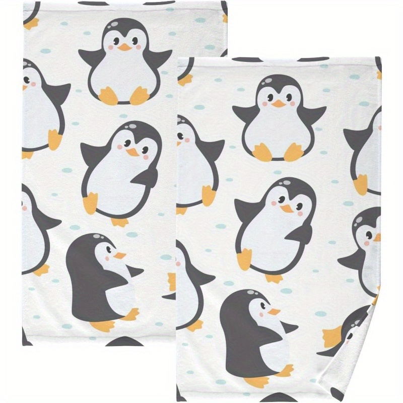 

2-pack Super Soft Penguin Print Bathroom Towels - 18x26 Inches, Polyester, Machine Washable, Modern Woven Design, Home Decor And Couples' Holiday Gift