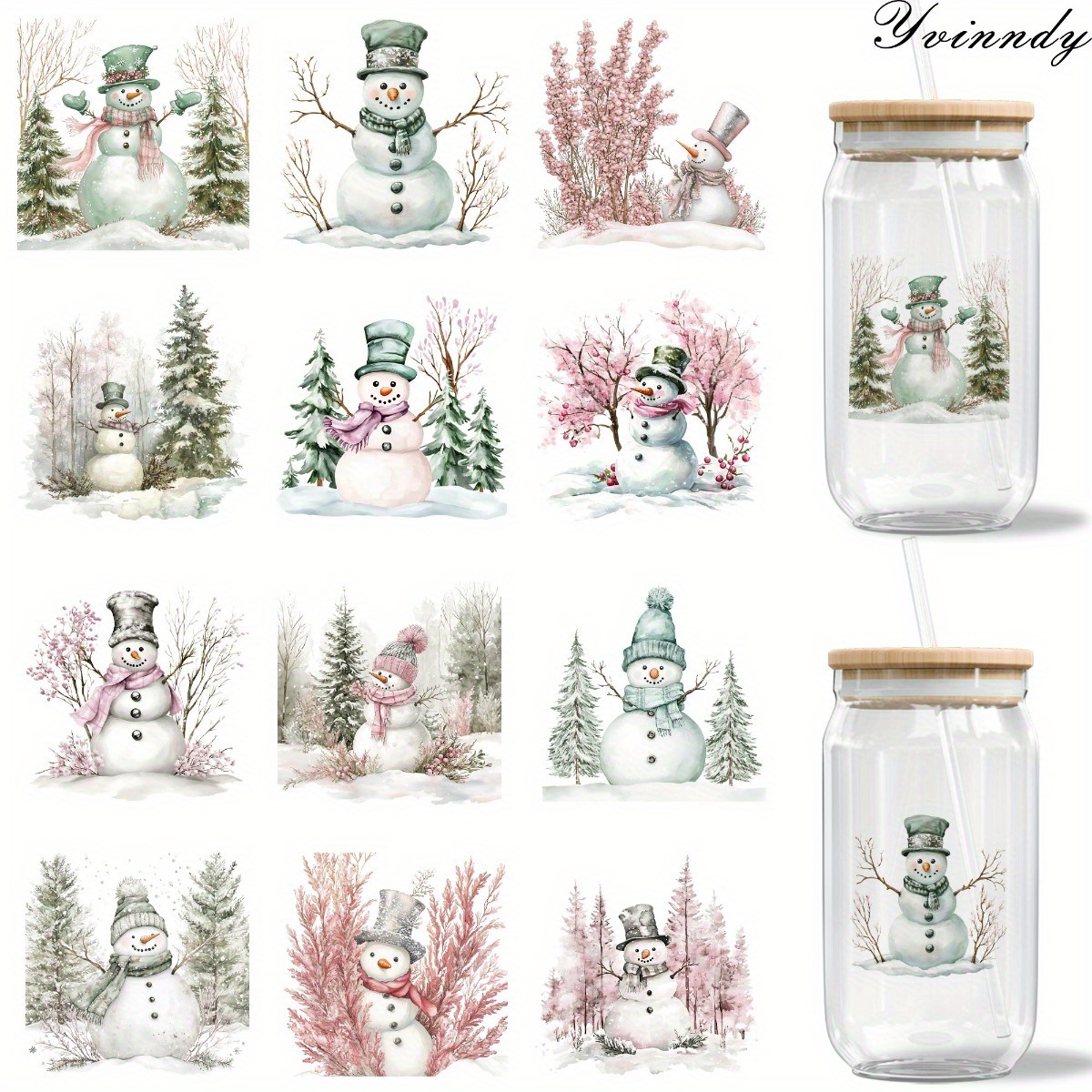 Image of 12pcs/set Christmas Snowman Glass Jar Packaging Stickers Uv Dtf High Adhesive Transfer Paper For Cup And Bottle Decoration