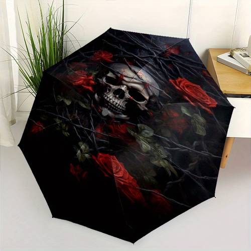 new skull and rose pattern umbrella 1pc automatic folding umbrella portable foldable umbrella outdoor umbrella halloween and christmas birthday gift mk e384
