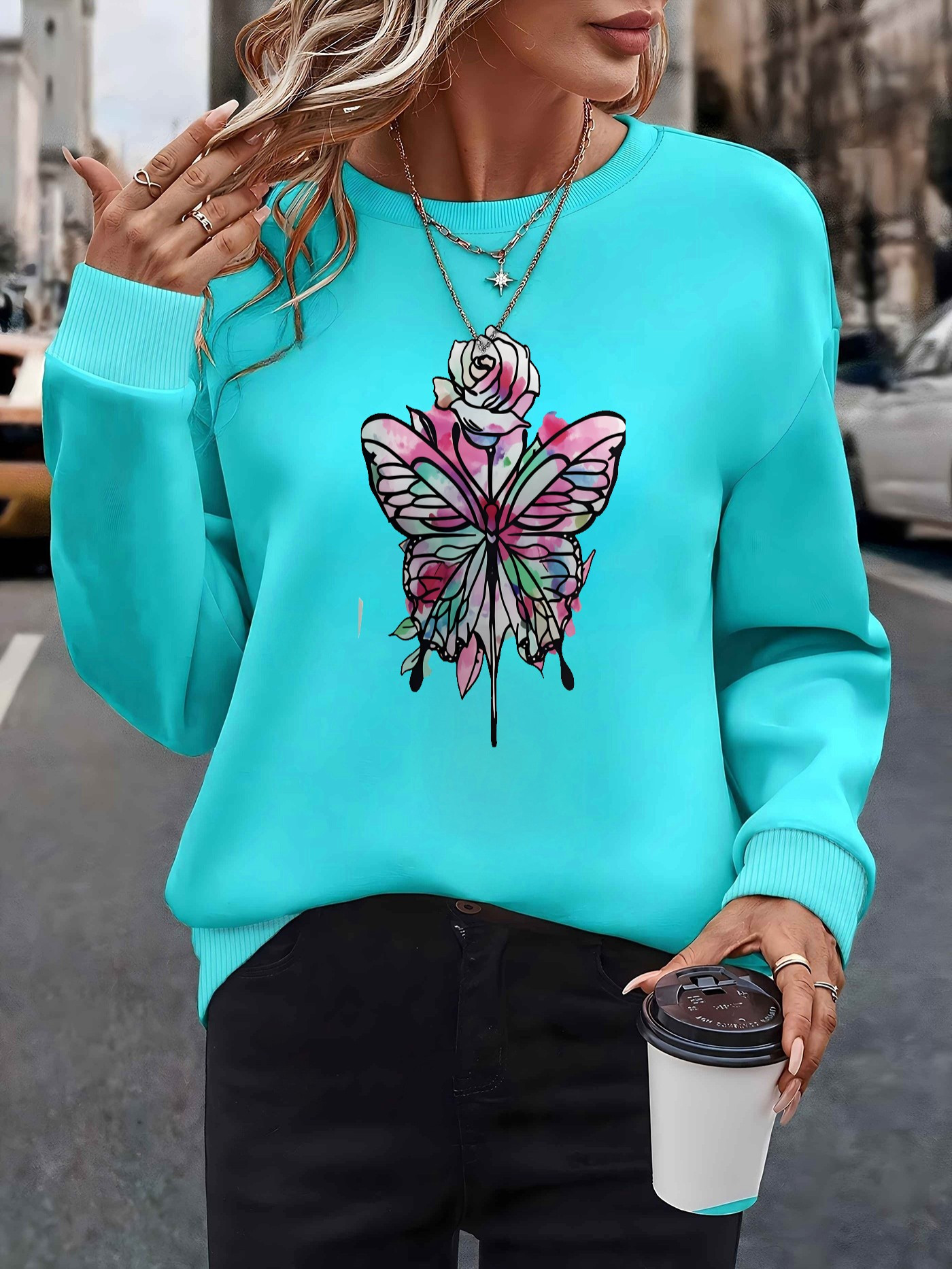women's turquoise blue print sweatshirt ombre teal to black