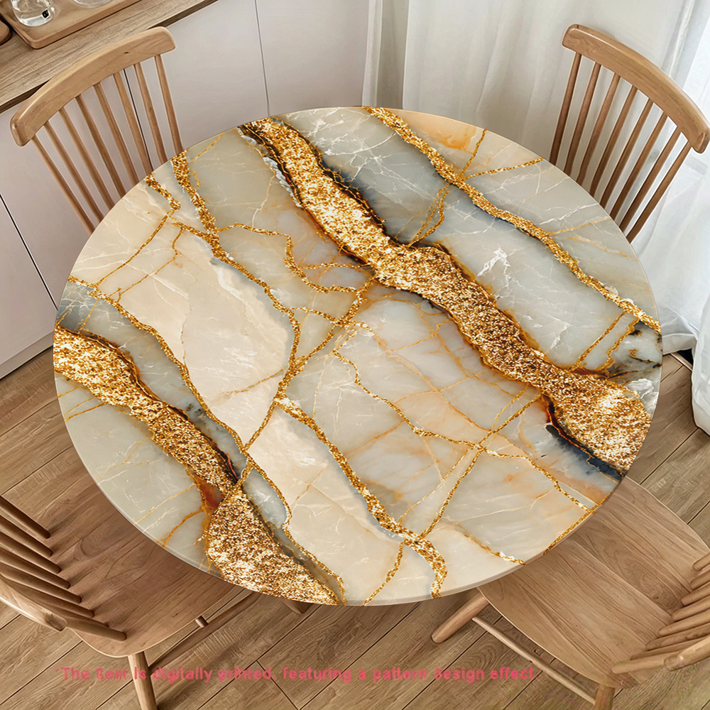 TEMU 1pc Round Autumn Marble Elastic Tablecloth With Edge, Modern Luxurious Marble Pattern Round Printed Tablecloth, Suitable For Kitchen And Dining