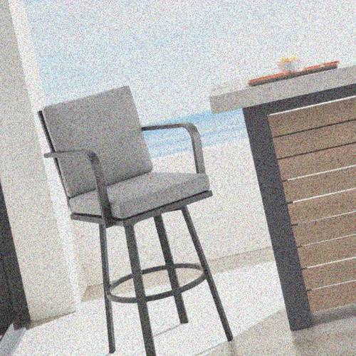 26 inch swivel bar stool for outdoor patio black aluminum frame with gray cushion weather resistant and adjustable height garden deck or poolside use