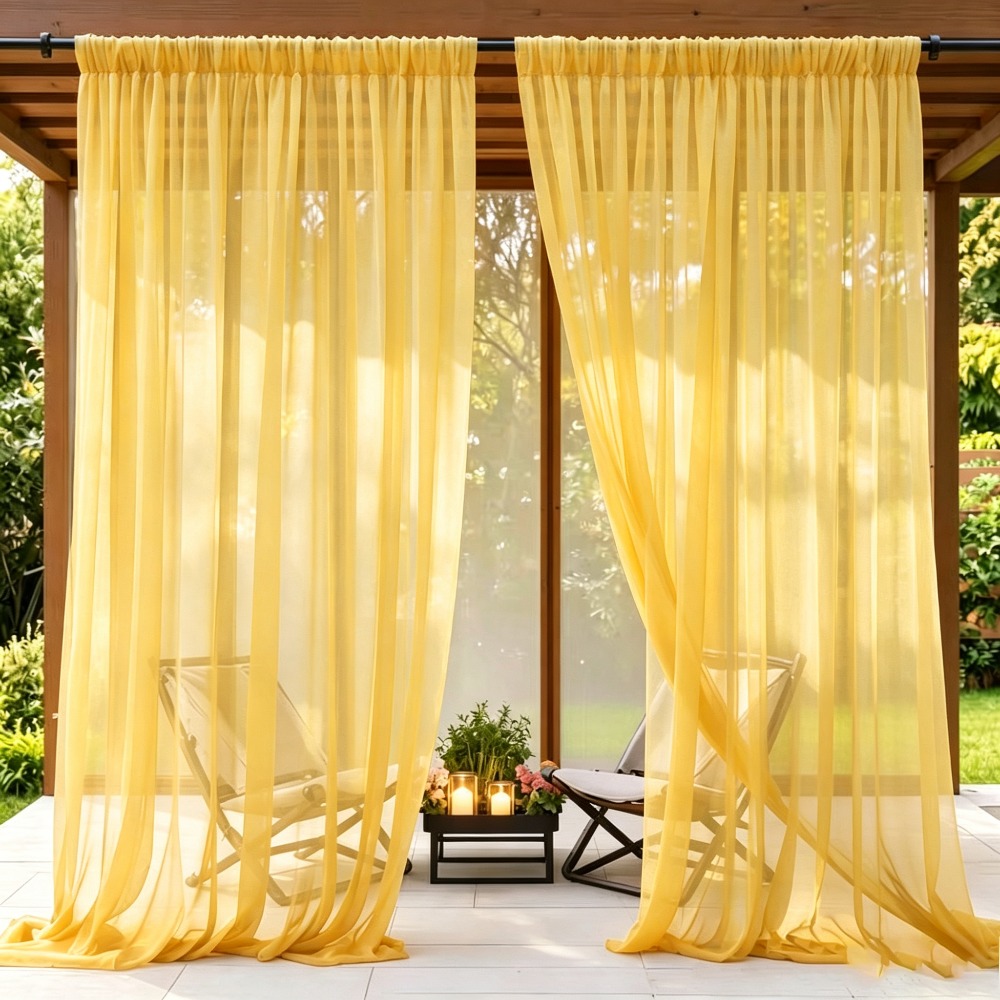 TEMU 2pcs Yellow Rod-hanging Mesh Curtains, Size 37.79 X 80.7 Inches, Lightweight And Flowing Polyester Fabric, Translucent And , With Rod Design.