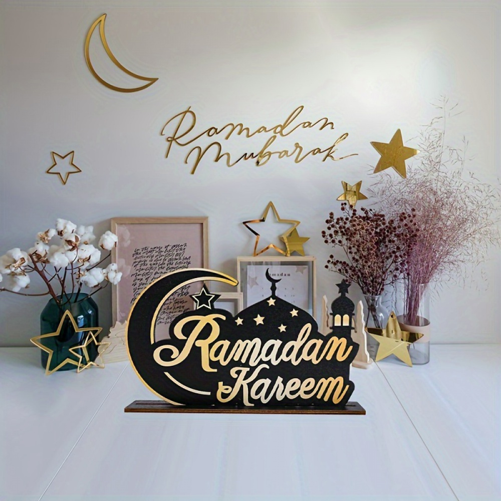 

1pc Vintage Ramadan Wooden Sign - Manufactured Wood Tabletop Decor, Moon And Mosque Design, English Text, Multipurpose Eid Decoration, No Electricity Required