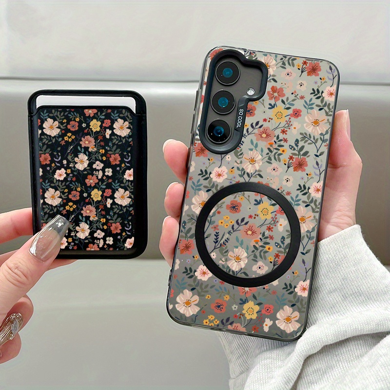 TEMU Phone Case - 2pcs Set New Creative Colorful Flower Pattern Magnetic Phone Case And Fashionable Luxury Artificial Leather Magnetic Property