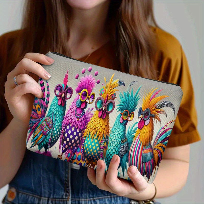 TEMU Nouvelle trousse de maquillage tendance et colorée avec un troupeau de poulets, une trousse de toilette légère à fermeture éclair au design