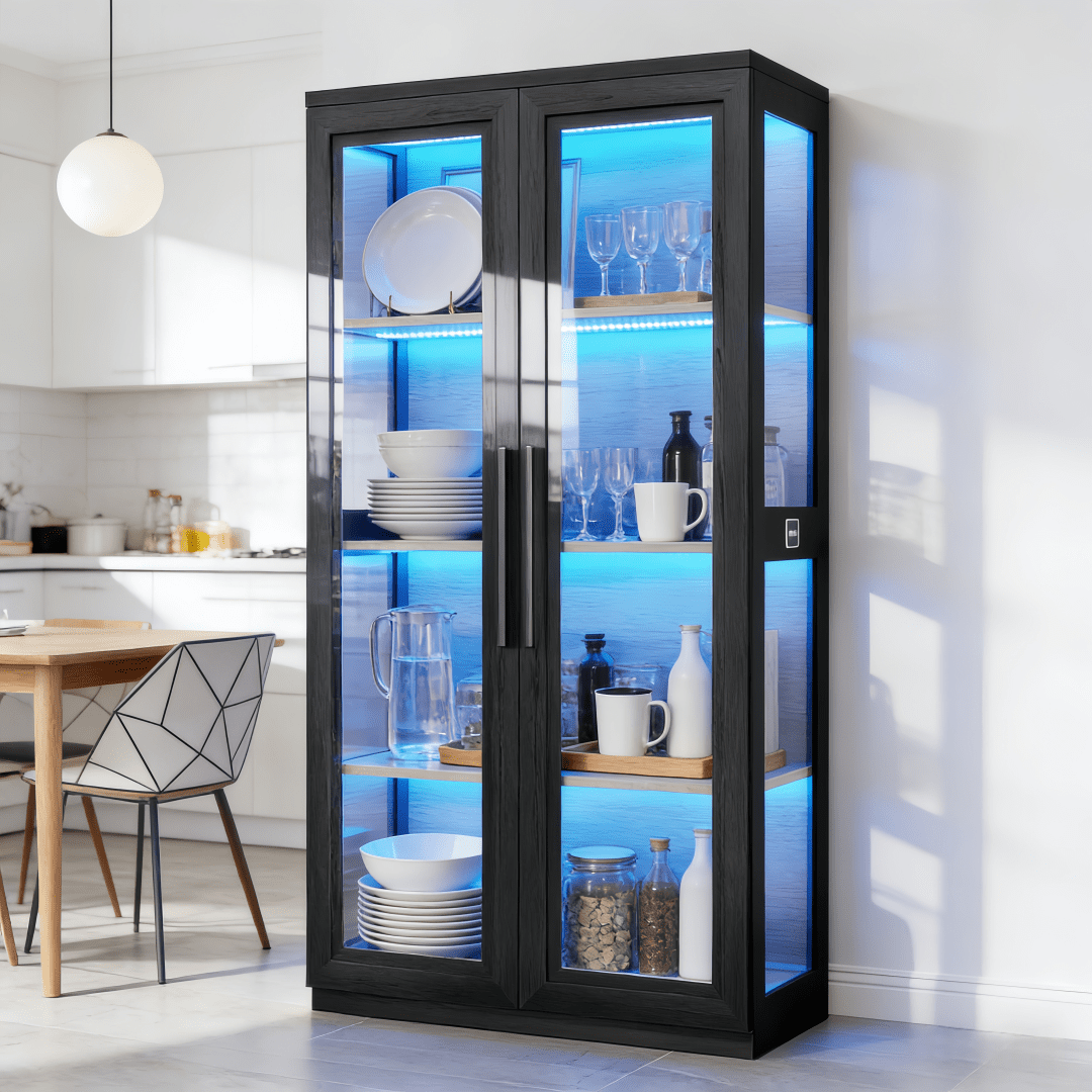 TEMU Vitrine à 4 niveaux à double porte en verre, de rangement en bois avec éclairage LED 3 couleurs et détecteur de mouvement intelligent, pour le