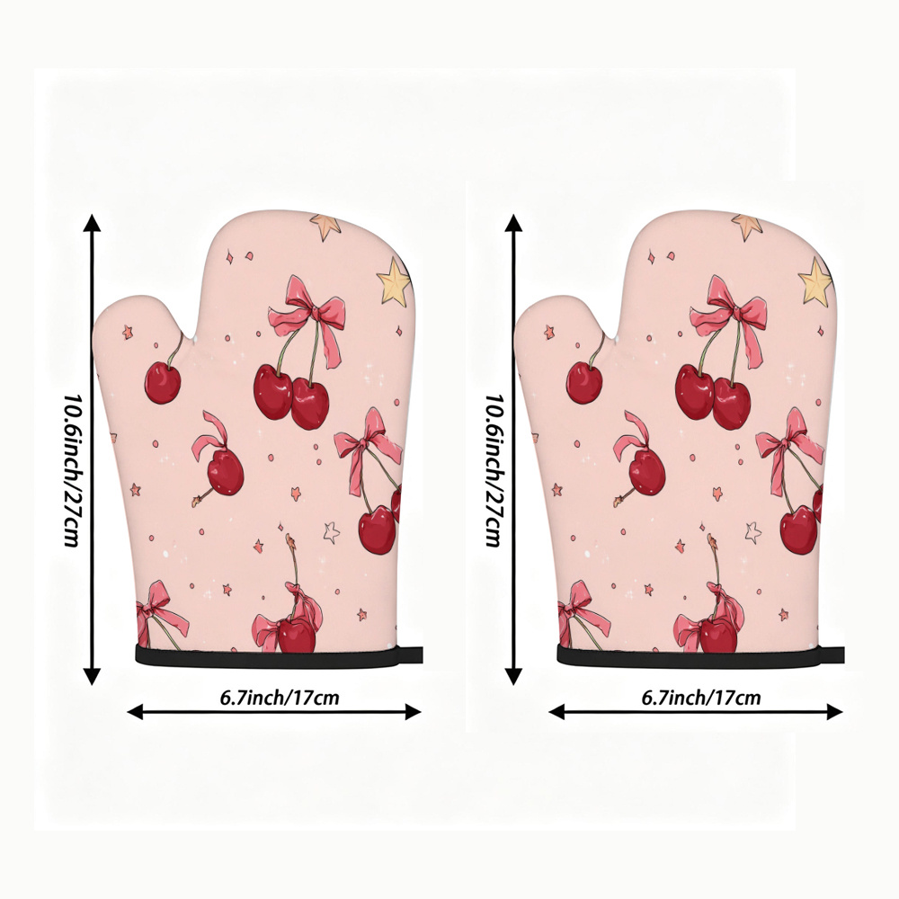 TEMU 2pcs Oven Mitts, Cherry Bow Print Heat-resistant Gloves, Light Pink Base With Star Decorations, Includes Hooks For . Suitable For Baking,