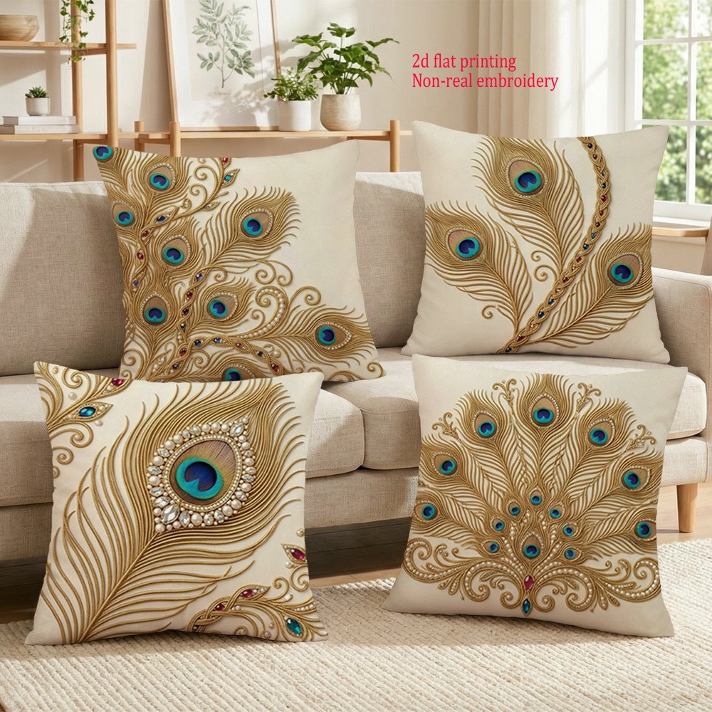 TEMU 4pcs Beige Golden Embossed Rooster Feather Luxury Pillowcase, Single-sided Print, Suitable For Sofa, Living Room, Bedroom, The Best New Year's
