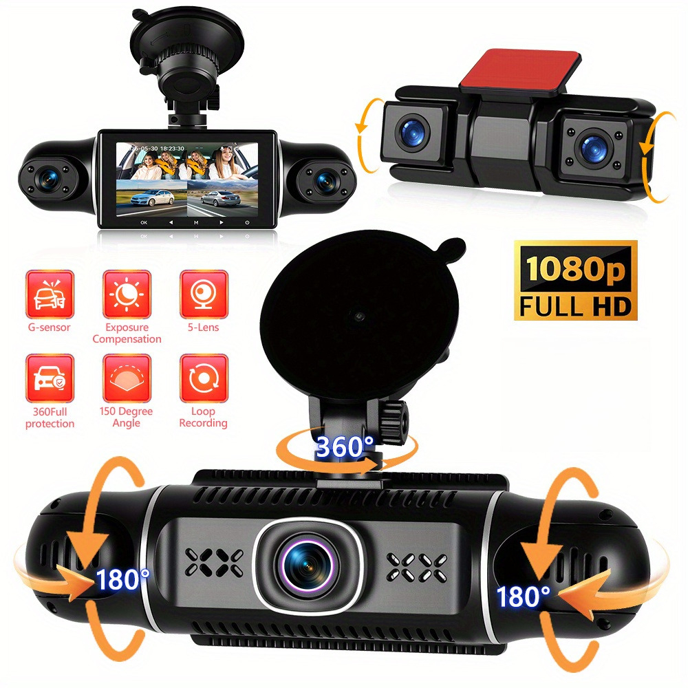 Podofo 5 Channel Dash Cam 150° Full Protection Driving Camera Front And Rear Inside , 3'' 1080p Dash Camera For Cars, Dash Camera For Cars With , Vision, Wide Angle, Loop Recording, 24 Hours Recording