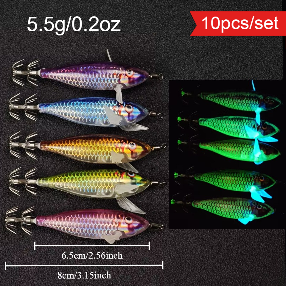 TEMU Avlcoaky 10pcs Leurres Squid Jig Phosphorescents, Appâts de Crevettes pour la Pêche à la Nageoire en Eau Salée, Idéal pour le et